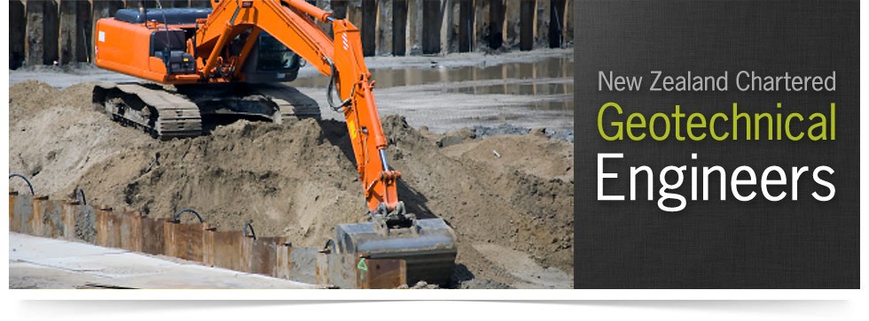 Excavator digging alongside a sheet-piled foundation excavation — New Zealand Chartered Geotechnical Engineers