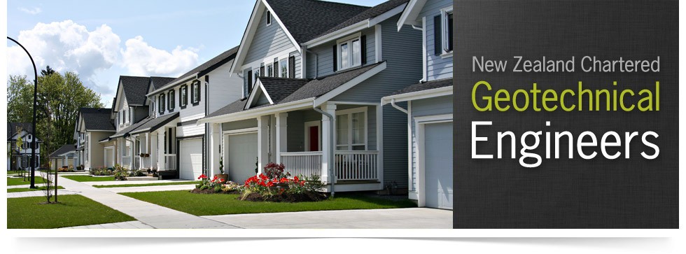 Street of new suburban homes on landscaped sections — New Zealand Chartered Geotechnical Engineers